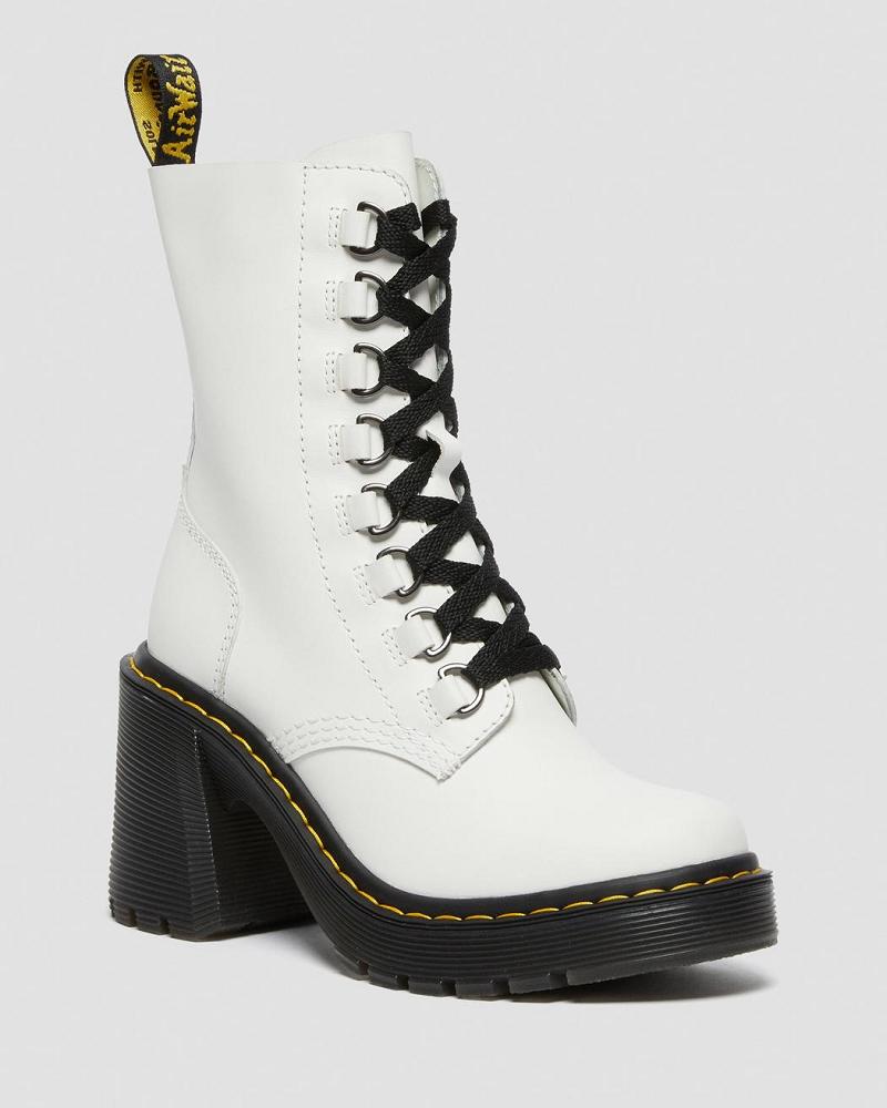 Women\'s Dr Martens Chesney Leather Flared Heel Heeled Boots White | AU 137YXF